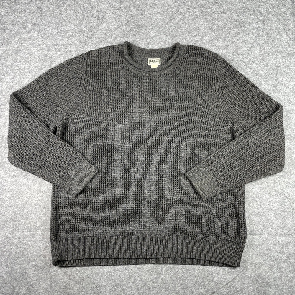 LL Bean Sweater Mens XXL Grey Double Rib Knit Shaker Stitch Roll Neck Pullover